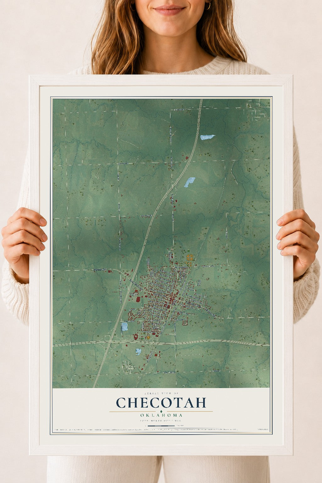 Map of Checotah, Oklahoma, 18 x 24 inch print in a white wood frame