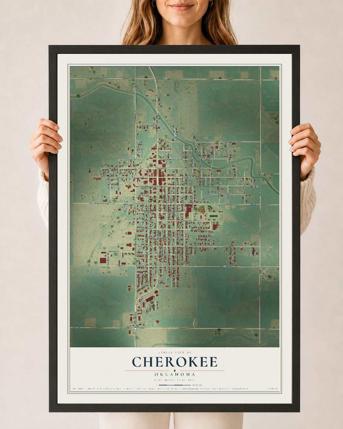 Map of Cherokee, Oklahoma, 24 x 36 inch print in a black wood frame