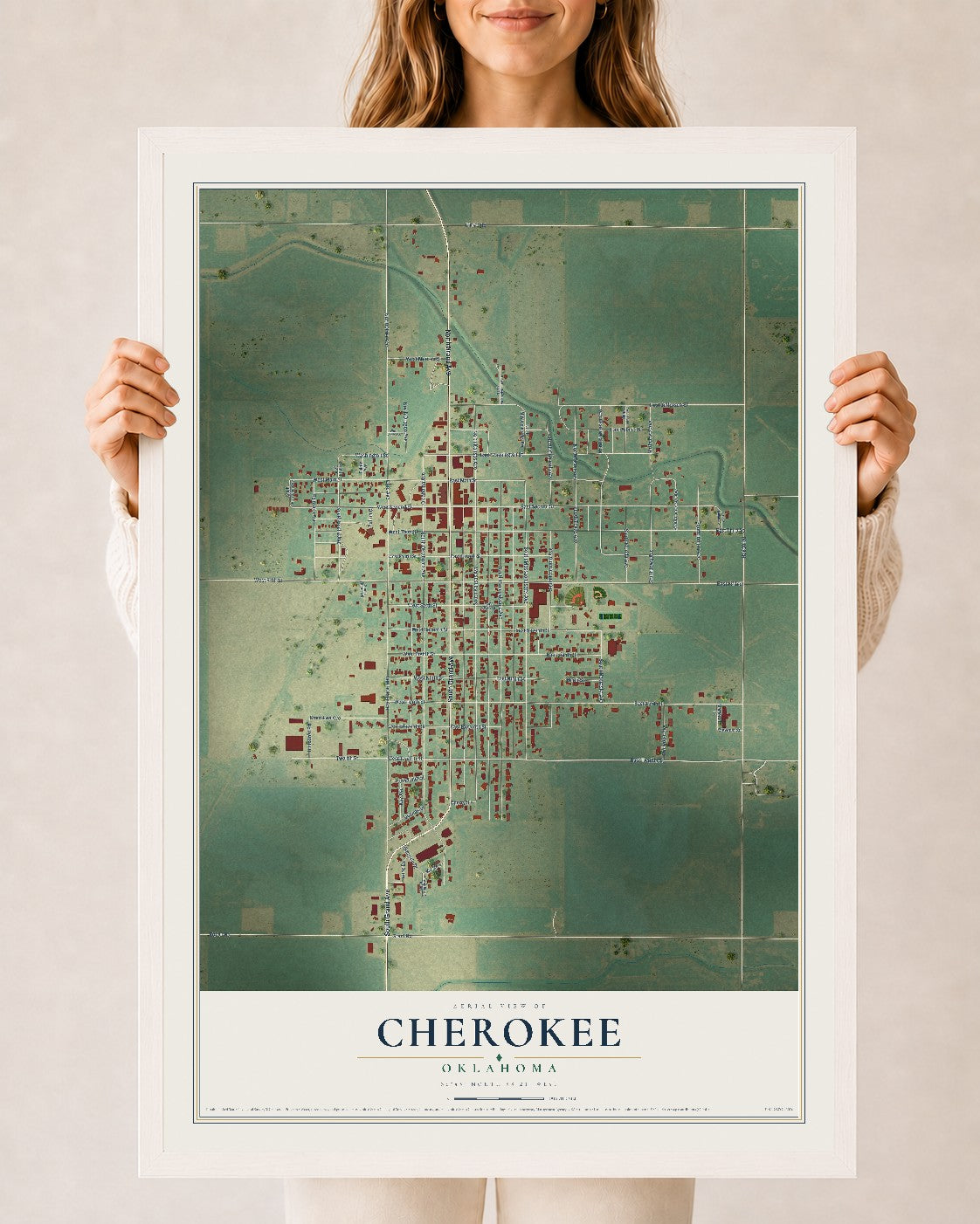 Map of Cherokee, Oklahoma, 24 x 36 inch print in a white wood frame