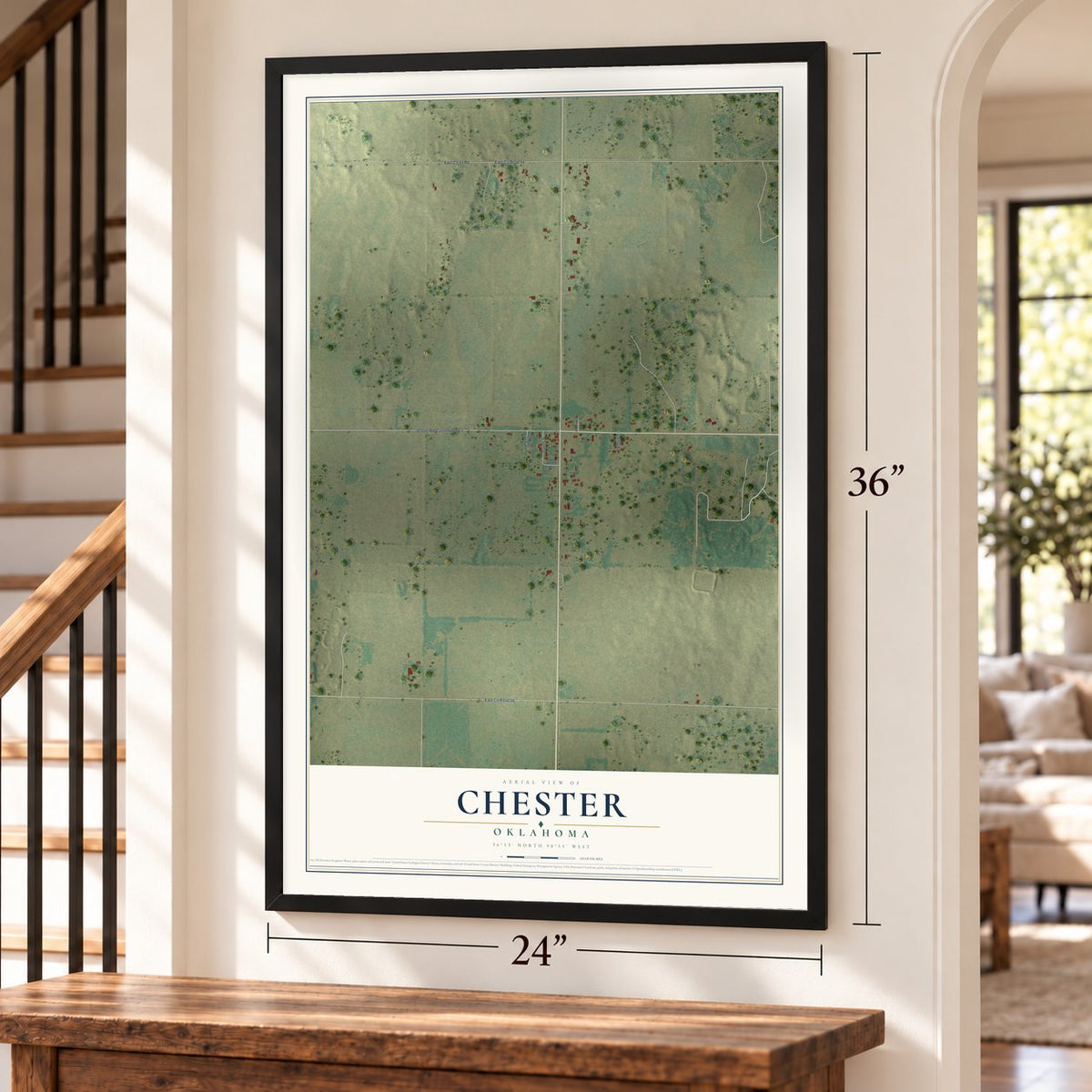 Chester, Oklahoma map, 24 x 36 inch print in a black frame by a staircase