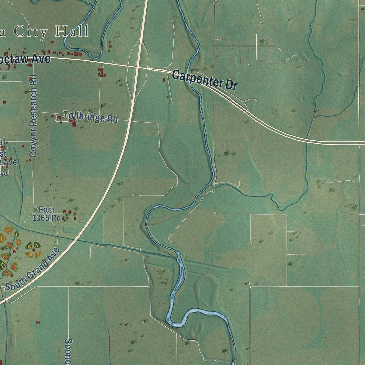 Second close-up of the map of Chickasha, Oklahoma print showing more streets and buildings