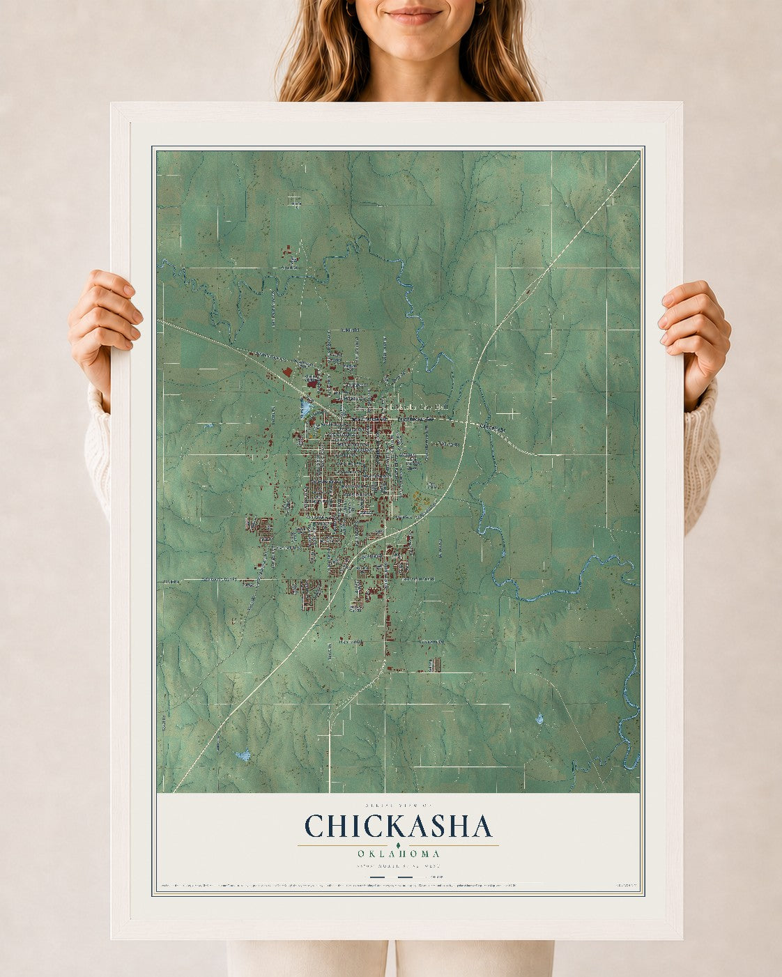 Map of Chickasha, Oklahoma, 24 x 36 inch print in a white wood frame