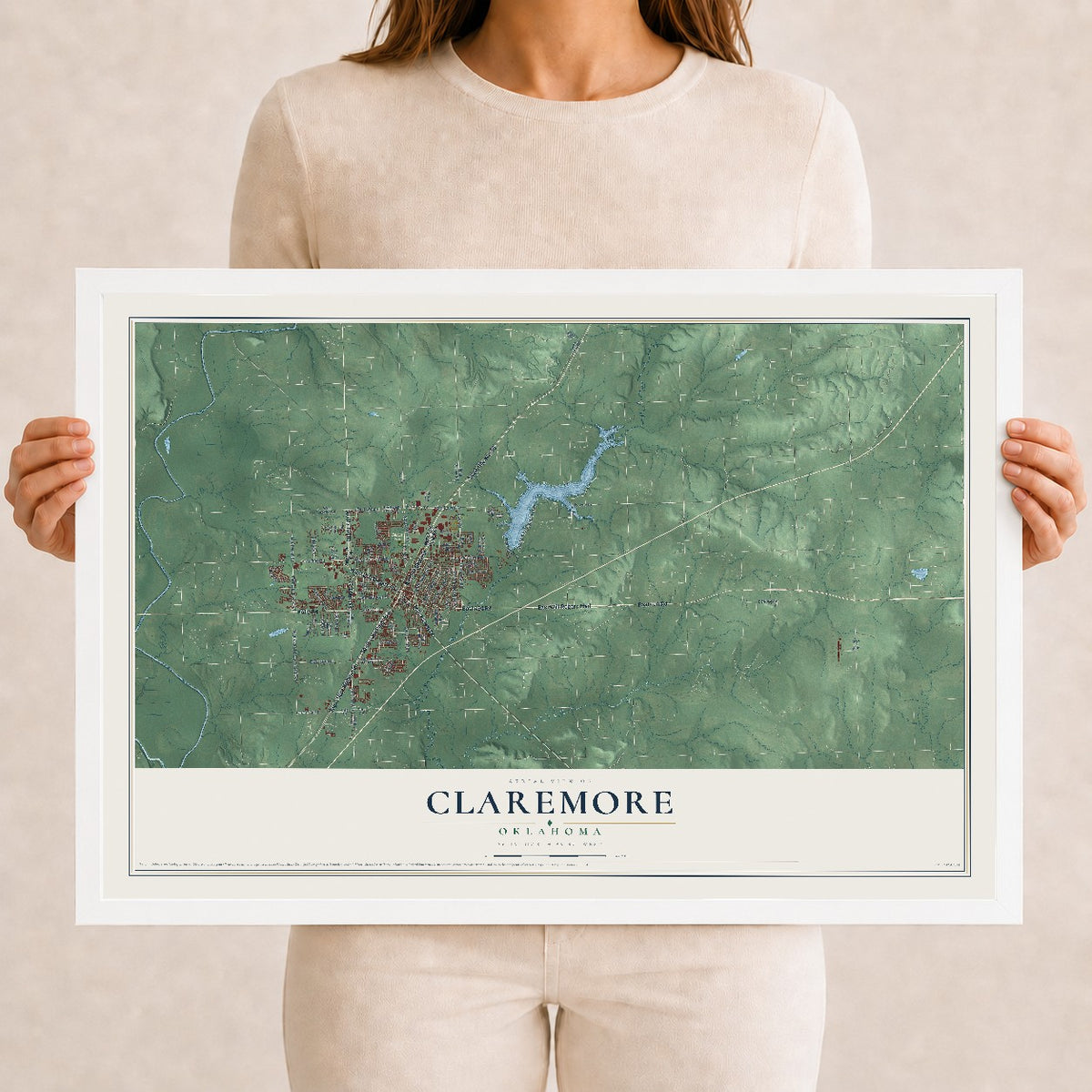 Map of Claremore, Oklahoma, 12 x 18 inch print in a white wood frame