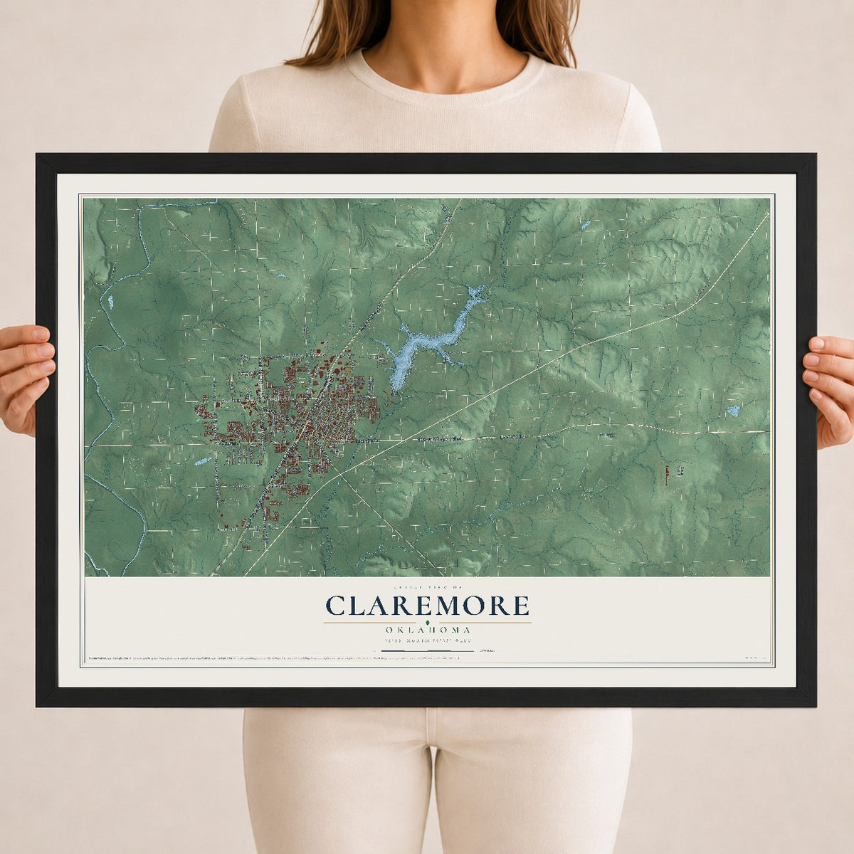 Map of Claremore, Oklahoma, 18 x 24 inch print in a black wood frame