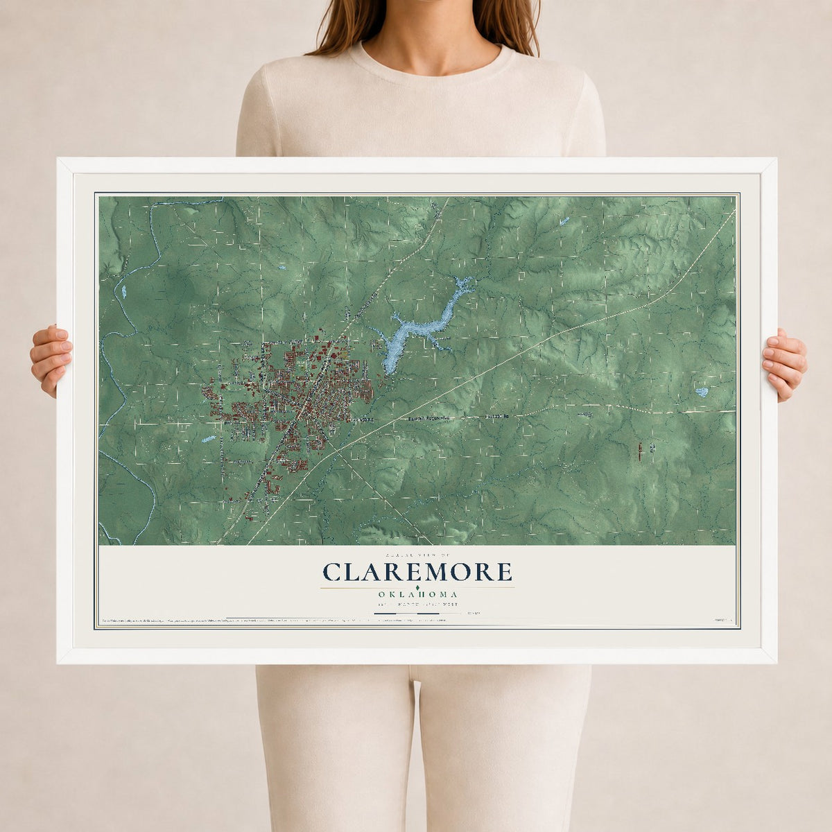 Map of Claremore, Oklahoma, 24 x 36 inch print in a white wood frame