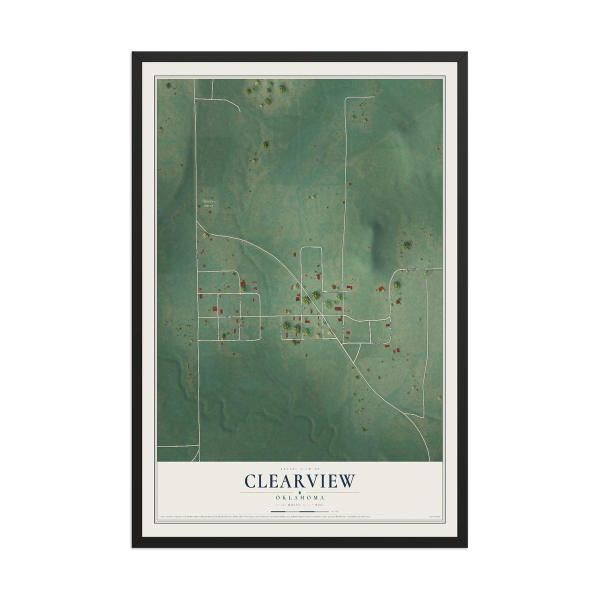 Map of Clearview, Oklahoma, 12 x 18 inch print in a black wood frame