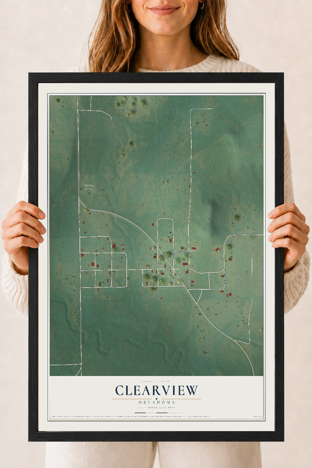 Map of Clearview, Oklahoma, 18 x 24 inch print in a black wood frame