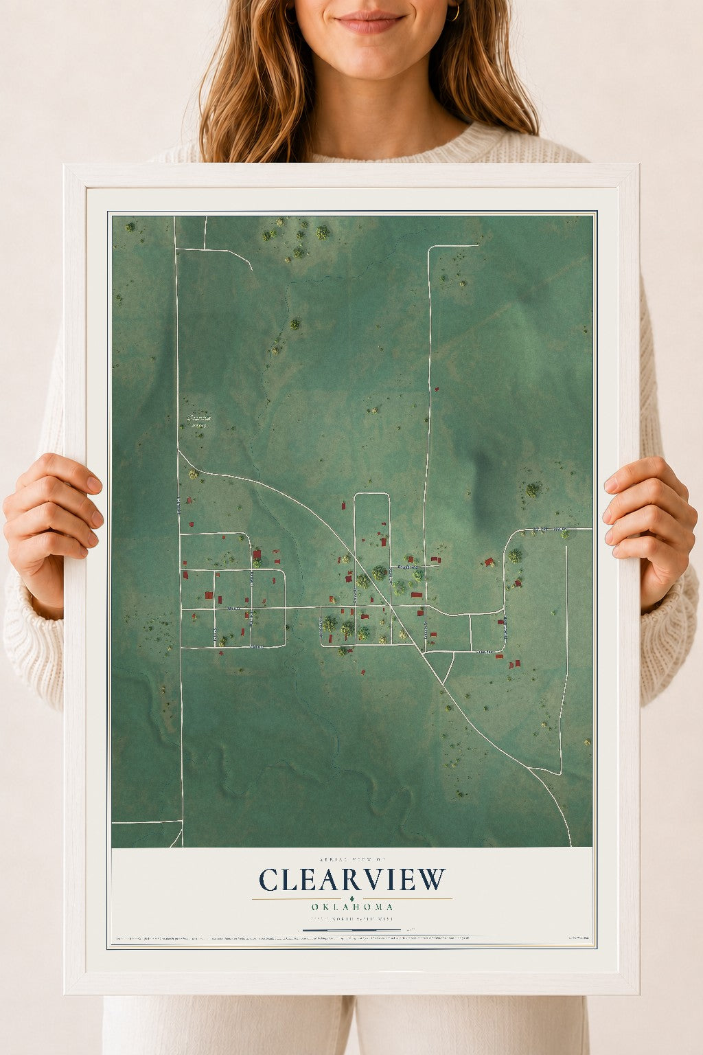 Map of Clearview, Oklahoma, 18 x 24 inch print in a white wood frame