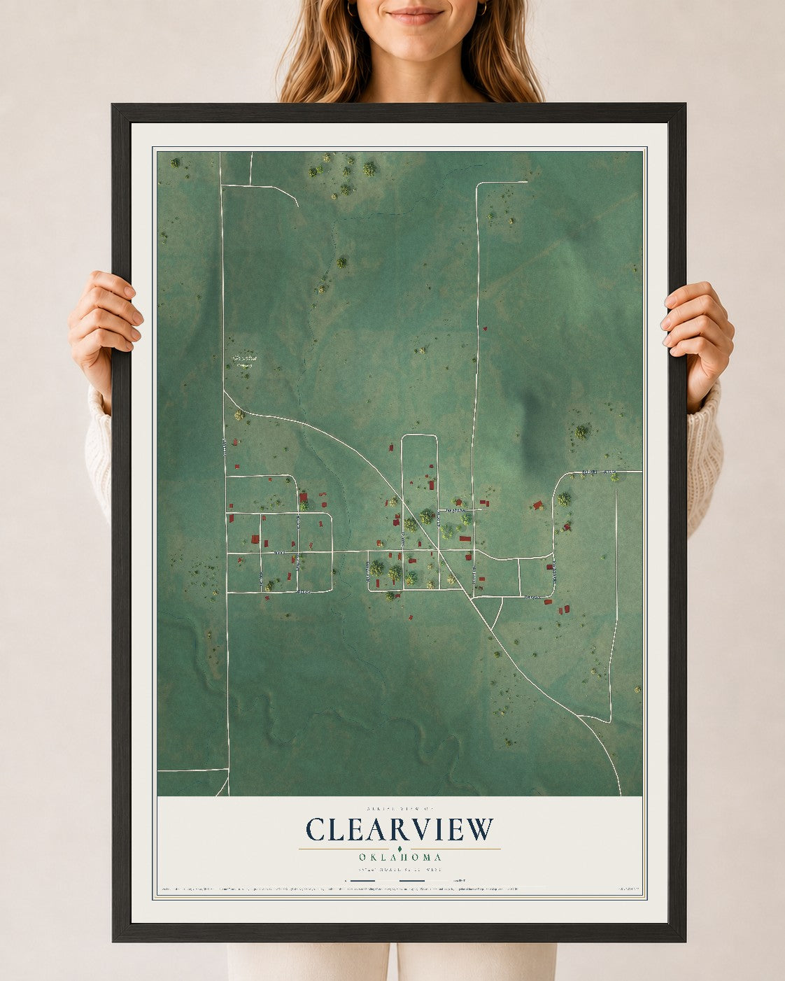 Map of Clearview, Oklahoma, 24 x 36 inch print in a black wood frame