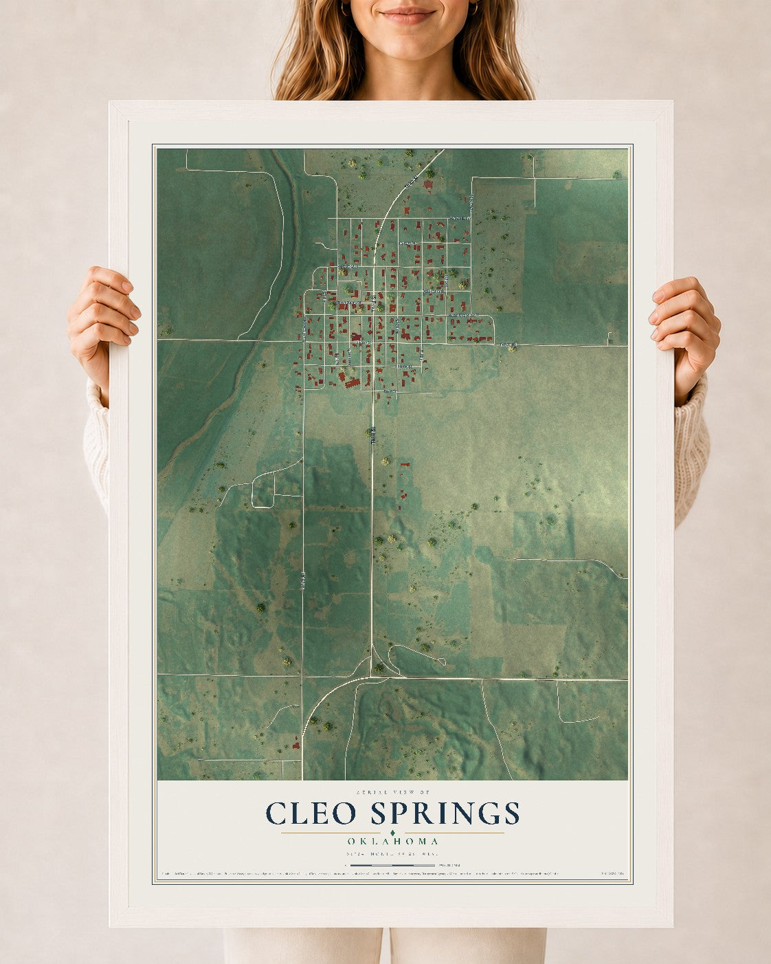 Map of Cleo Springs, Oklahoma, 24 x 36 inch print in a white wood frame