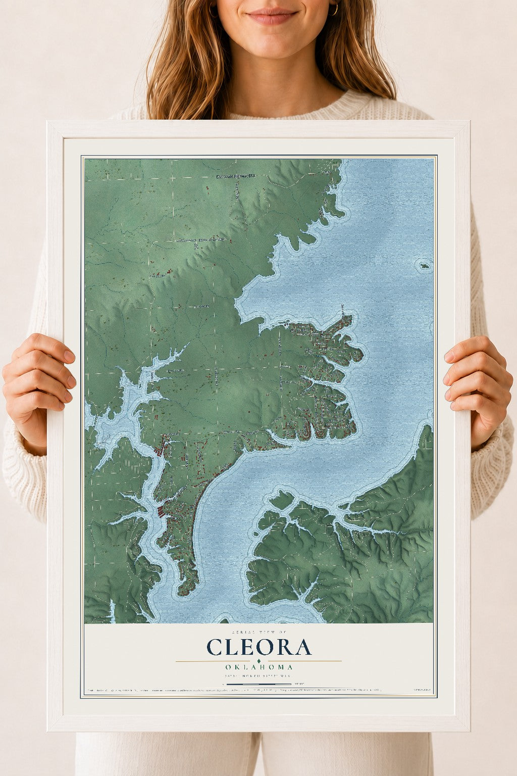 Map of Cleora, Oklahoma, 18 x 24 inch print in a white wood frame