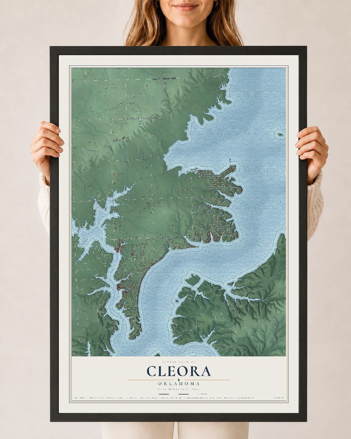 Map of Cleora, Oklahoma, 24 x 36 inch print in a black wood frame