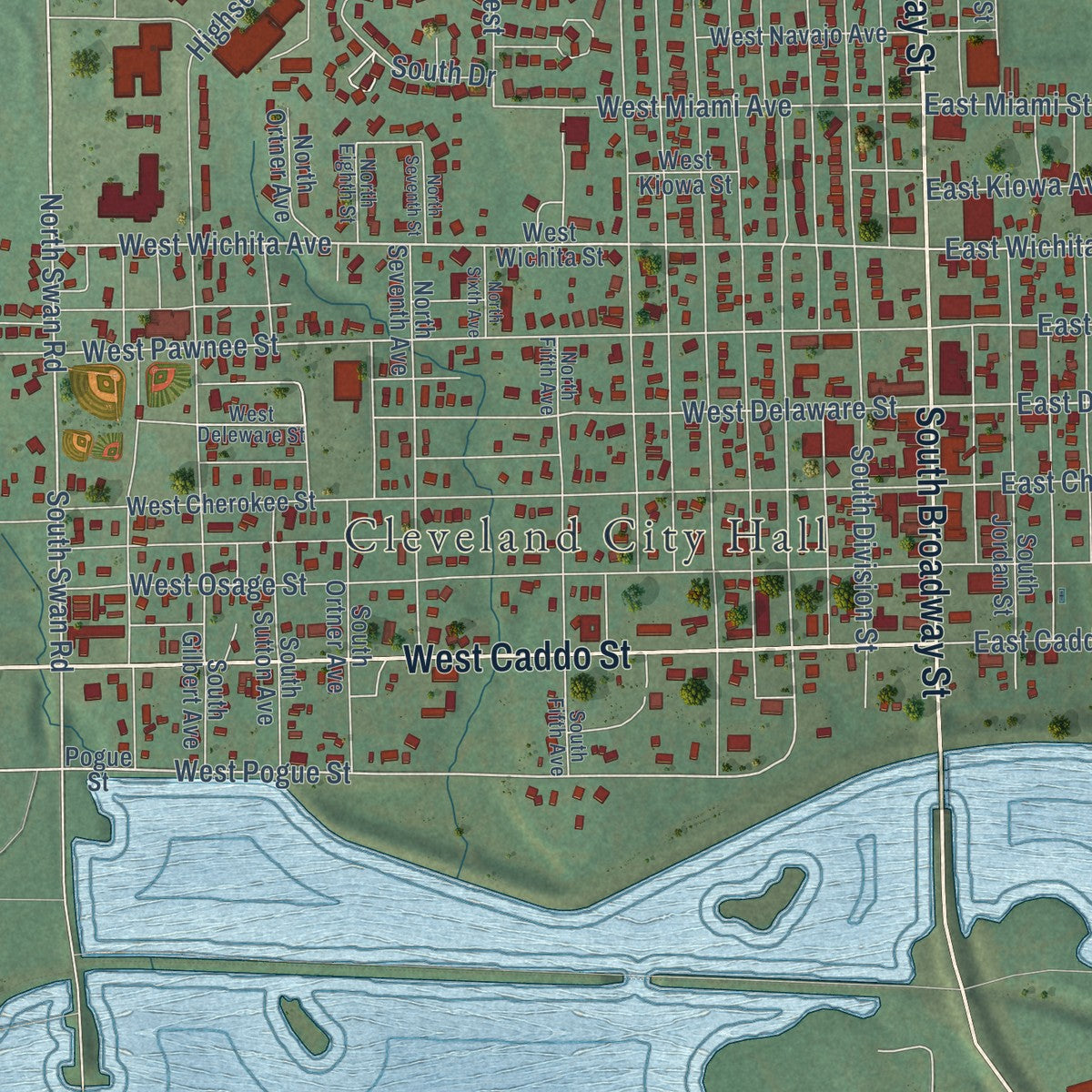Close-up of the map of Cleveland, Oklahoma print showing street and building detail