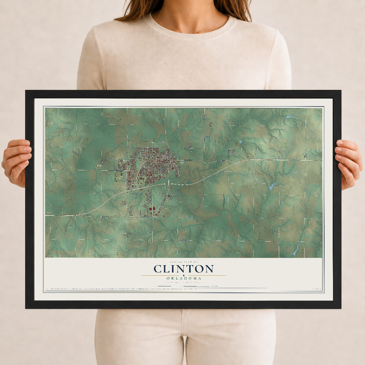Map of Clinton, Oklahoma, 12 x 18 inch print in a black wood frame
