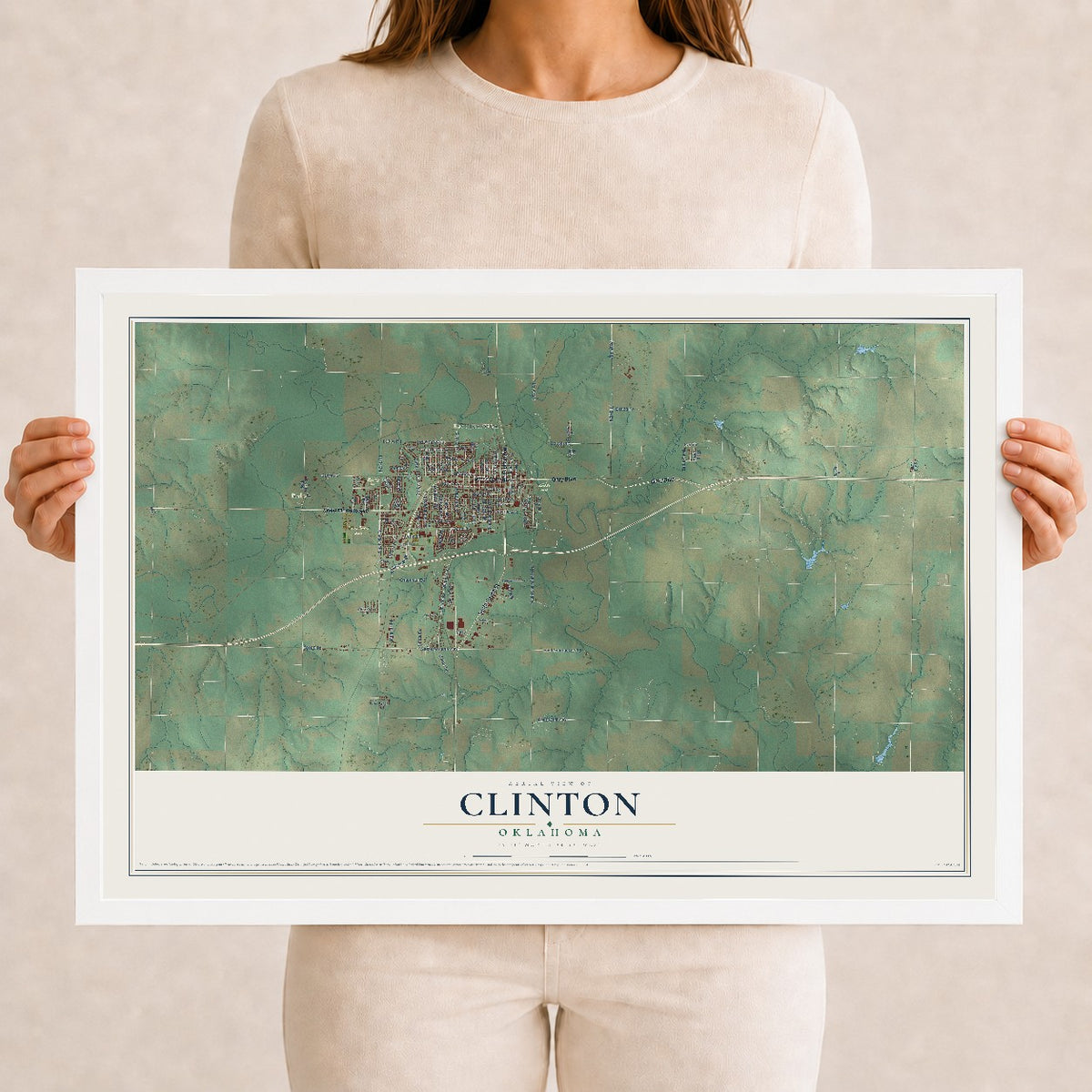 Map of Clinton, Oklahoma, 12 x 18 inch print in a white wood frame