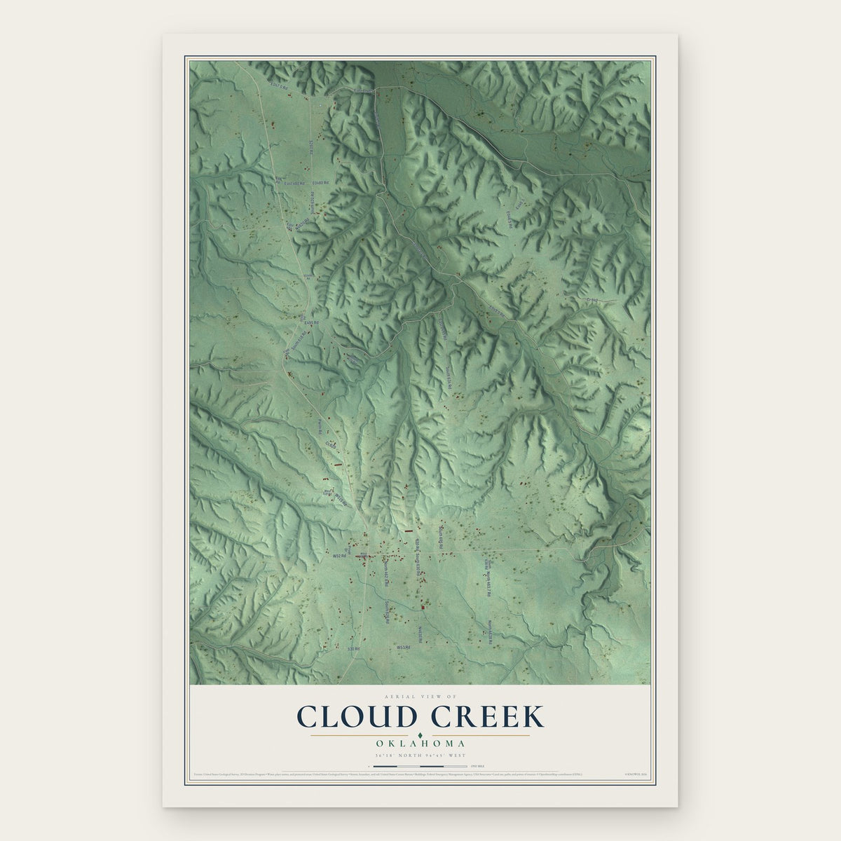 Cloud Creek, Oklahoma map print, the full design