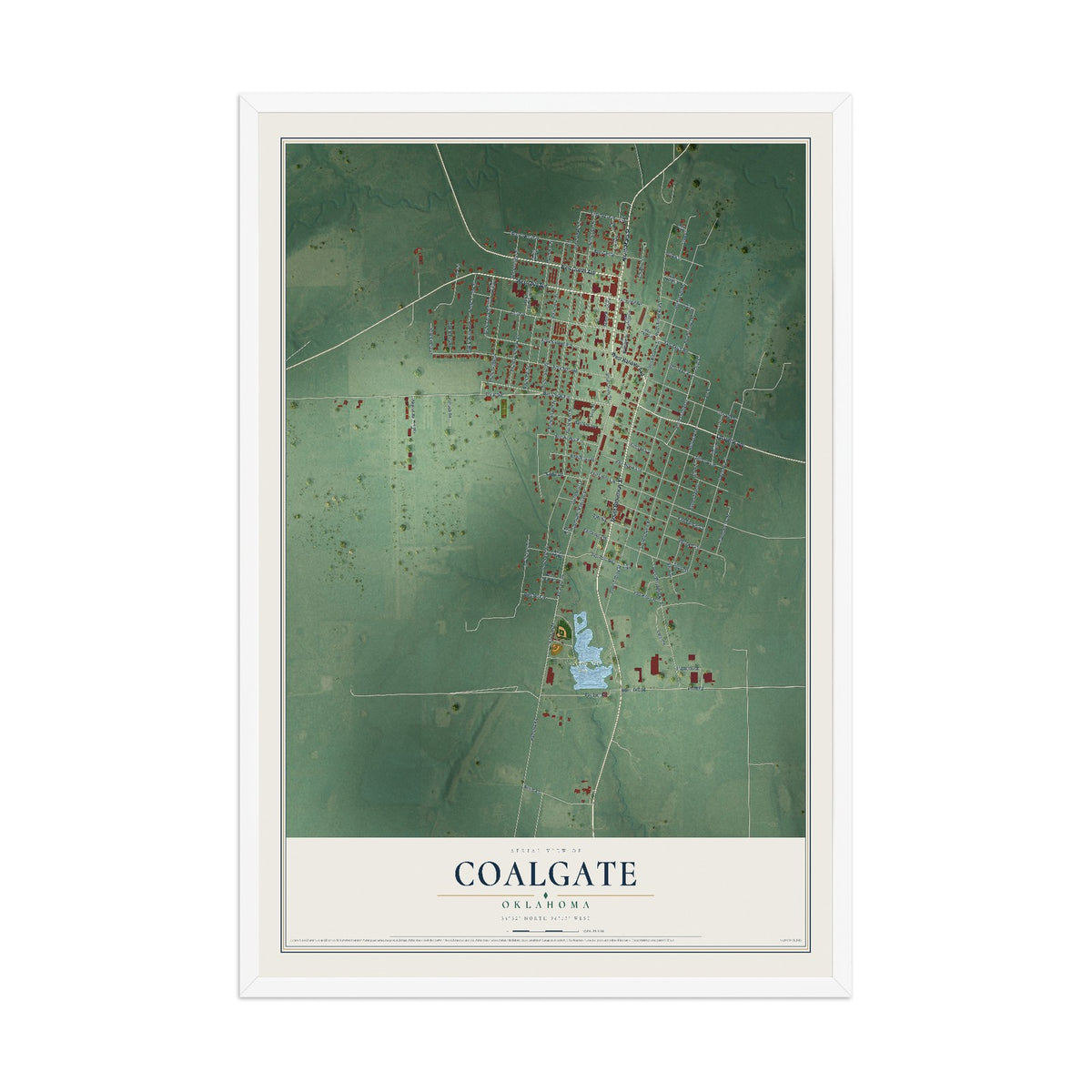 Map of Coalgate, Oklahoma, 12 x 18 inch print in a white wood frame