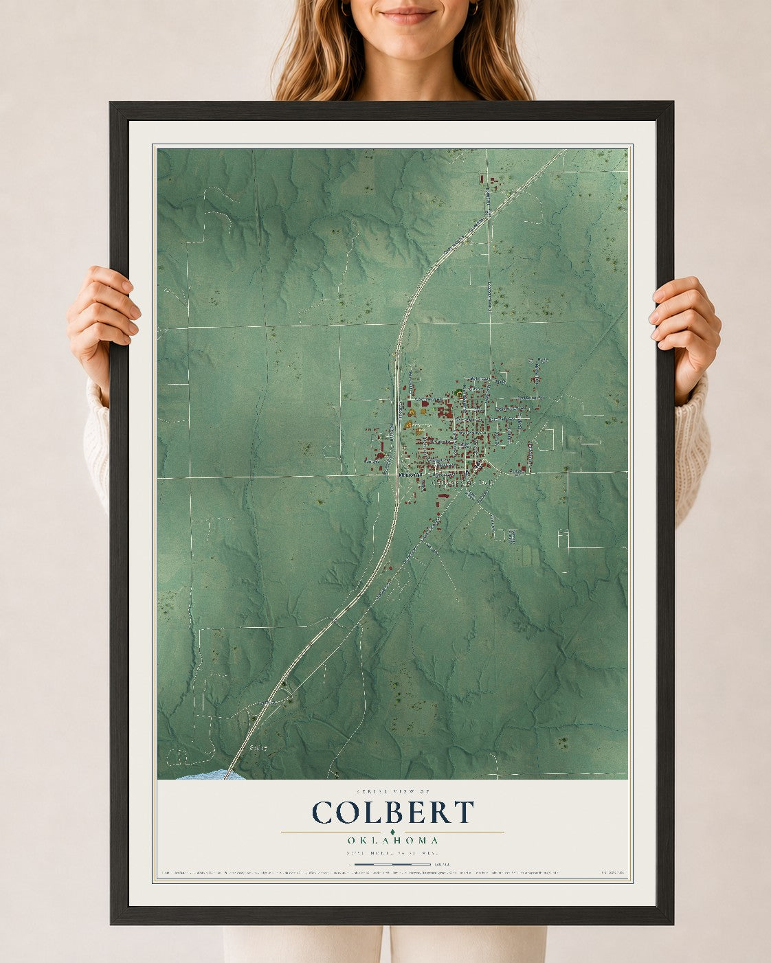 Map of Colbert, Oklahoma, 24 x 36 inch print in a black wood frame