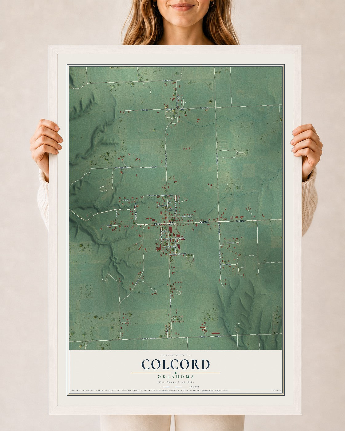 Map of Colcord, Oklahoma, 24 x 36 inch print in a white wood frame