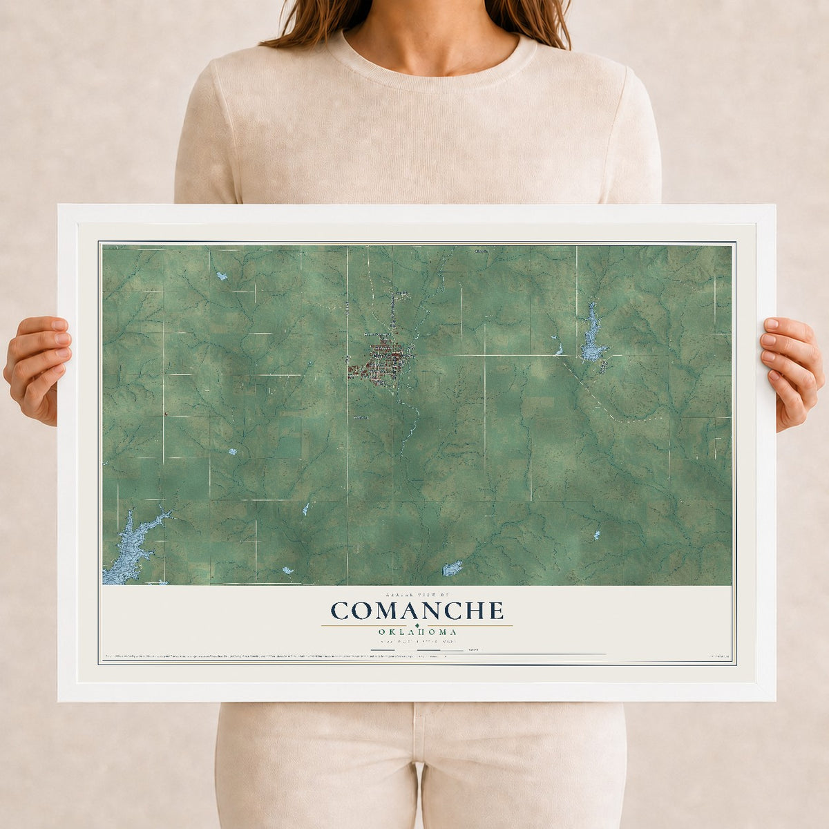 Map of Comanche, Oklahoma, 12 x 18 inch print in a white wood frame