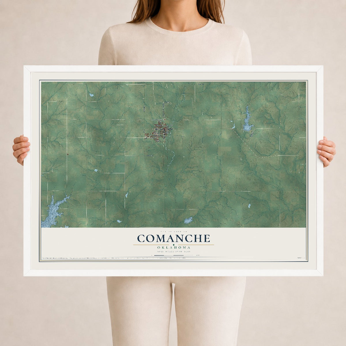 Map of Comanche, Oklahoma, 24 x 36 inch print in a white wood frame
