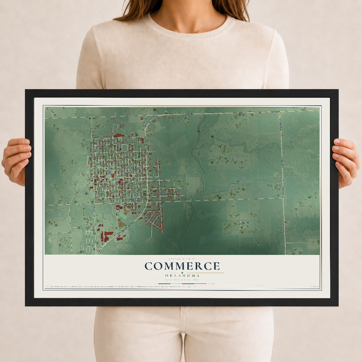 Map of Commerce, Oklahoma, 12 x 18 inch print in a black wood frame