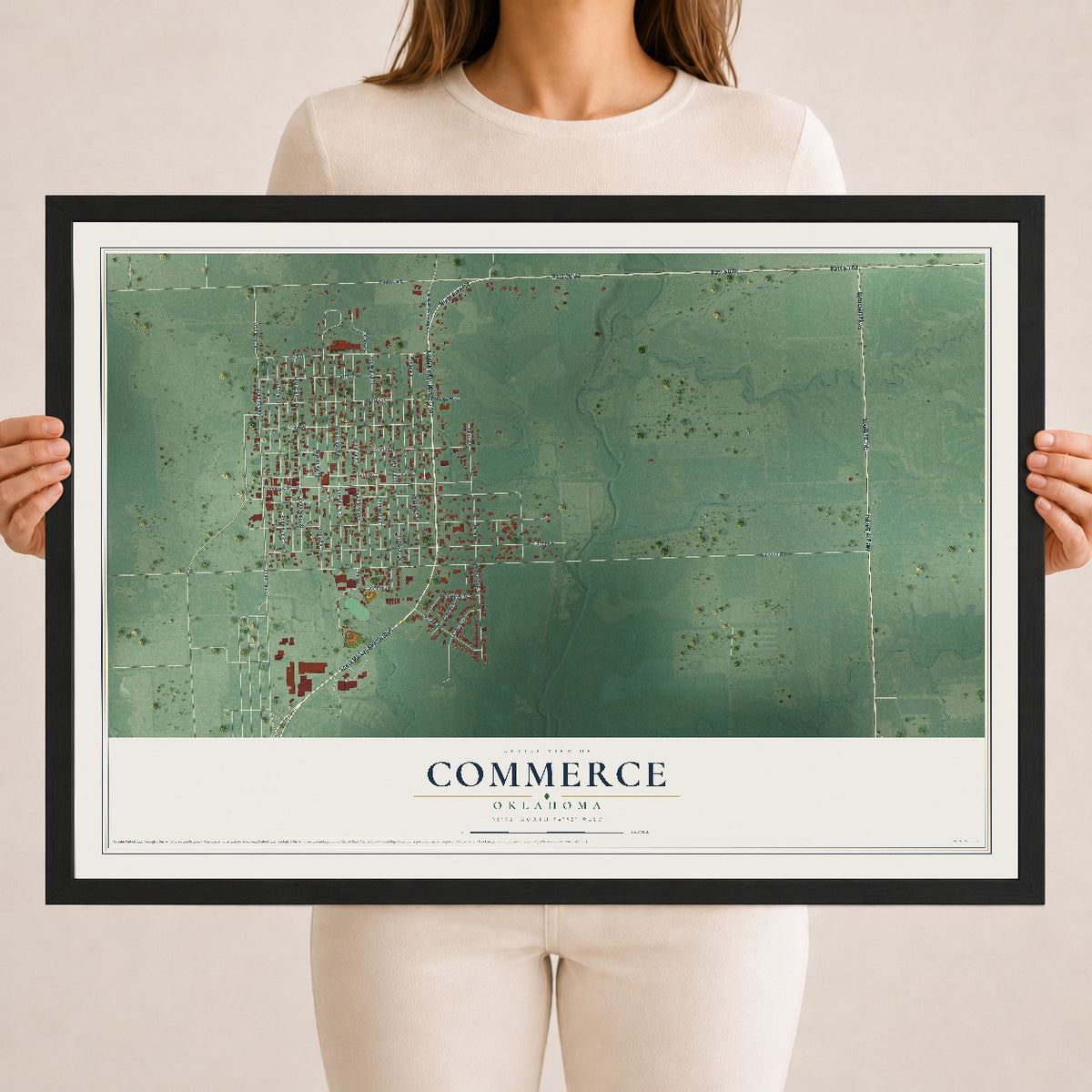 Map of Commerce, Oklahoma, 18 x 24 inch print in a black wood frame