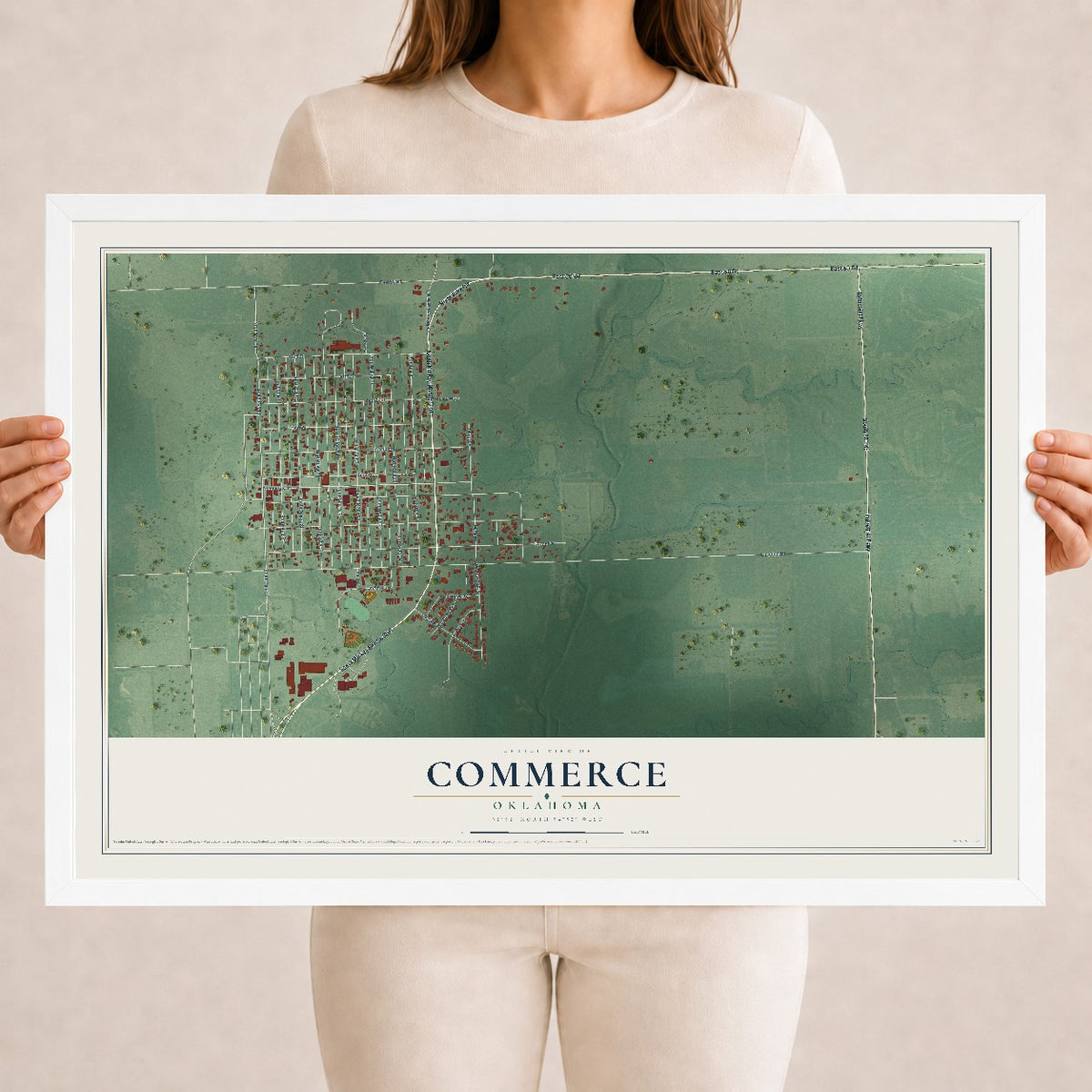 Map of Commerce, Oklahoma, 18 x 24 inch print in a white wood frame