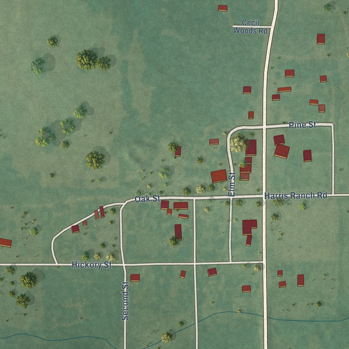 Close-up of the map of Connerville, Oklahoma print showing street and building detail
