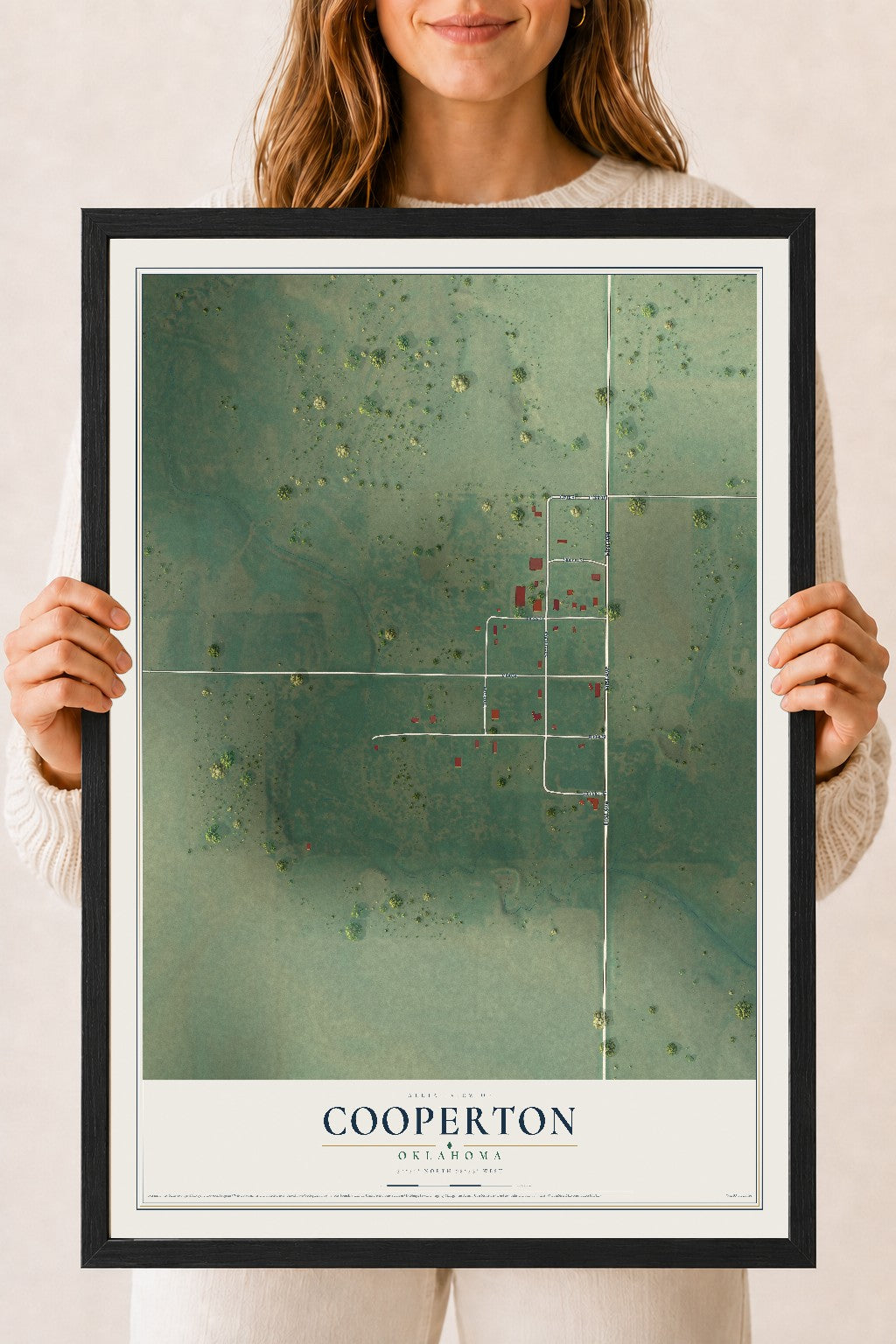 Map of Cooperton, Oklahoma, 18 x 24 inch print in a black wood frame