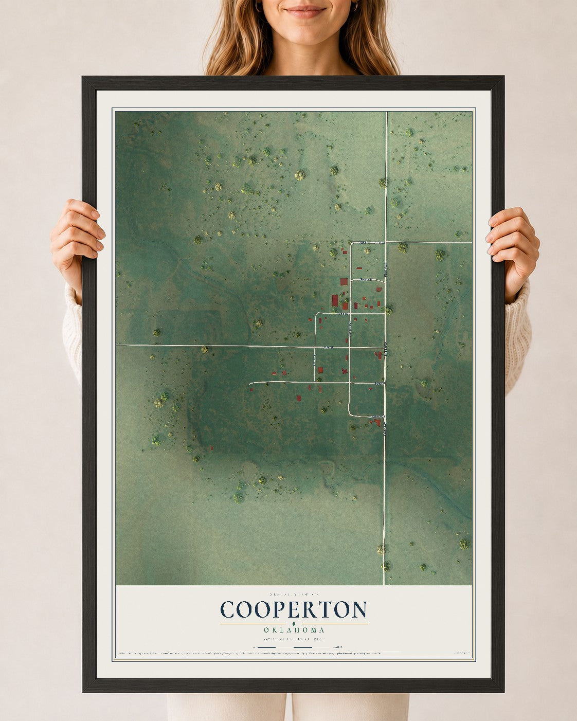 Map of Cooperton, Oklahoma, 24 x 36 inch print in a black wood frame