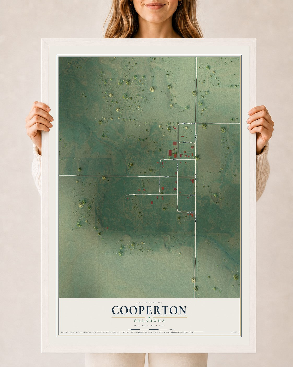 Map of Cooperton, Oklahoma, 24 x 36 inch print in a white wood frame