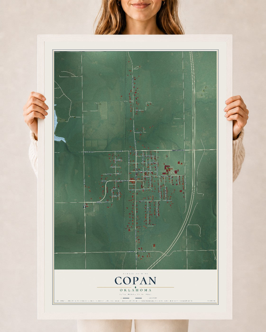 Map of Copan, Oklahoma, 24 x 36 inch print in a white wood frame
