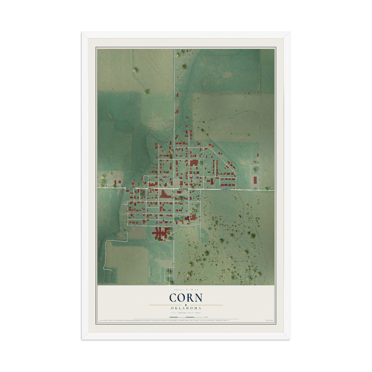 Map of Corn, Oklahoma, 12 x 18 inch print in a white wood frame