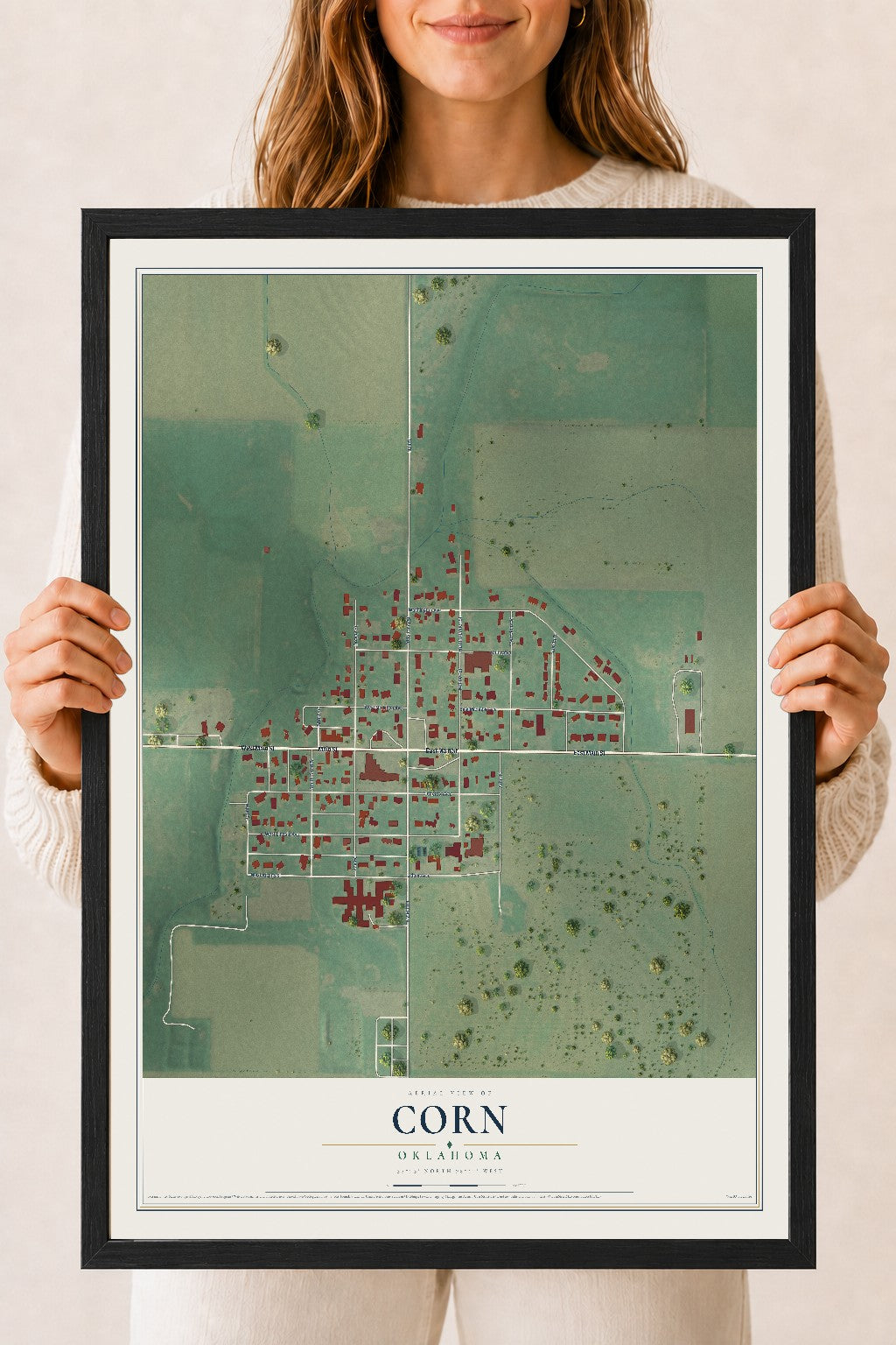 Map of Corn, Oklahoma, 18 x 24 inch print in a black wood frame