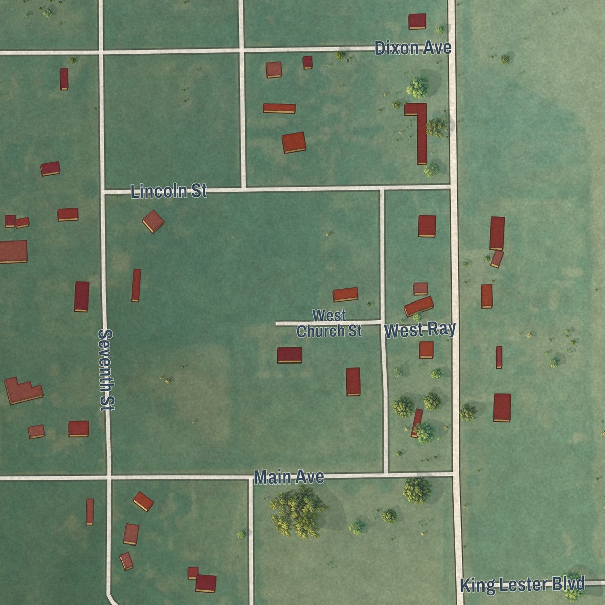 Second close-up of the map of Cornish, Oklahoma print showing more streets and buildings