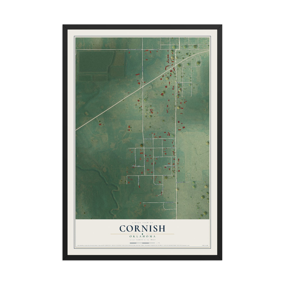 Map of Cornish, Oklahoma, 12 x 18 inch print in a black wood frame