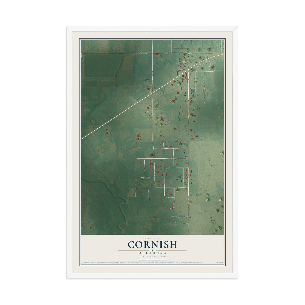 Map of Cornish, Oklahoma, 12 x 18 inch print in a white wood frame