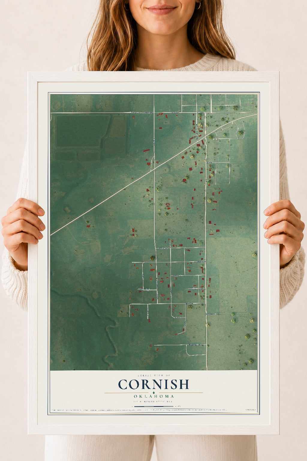 Map of Cornish, Oklahoma, 18 x 24 inch print in a white wood frame