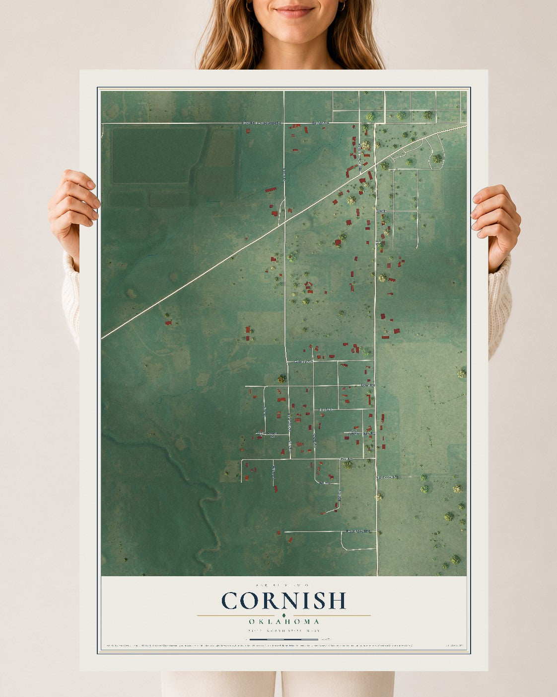 Map of Cornish, Oklahoma, 24 x 36 inch unframed archival matte print