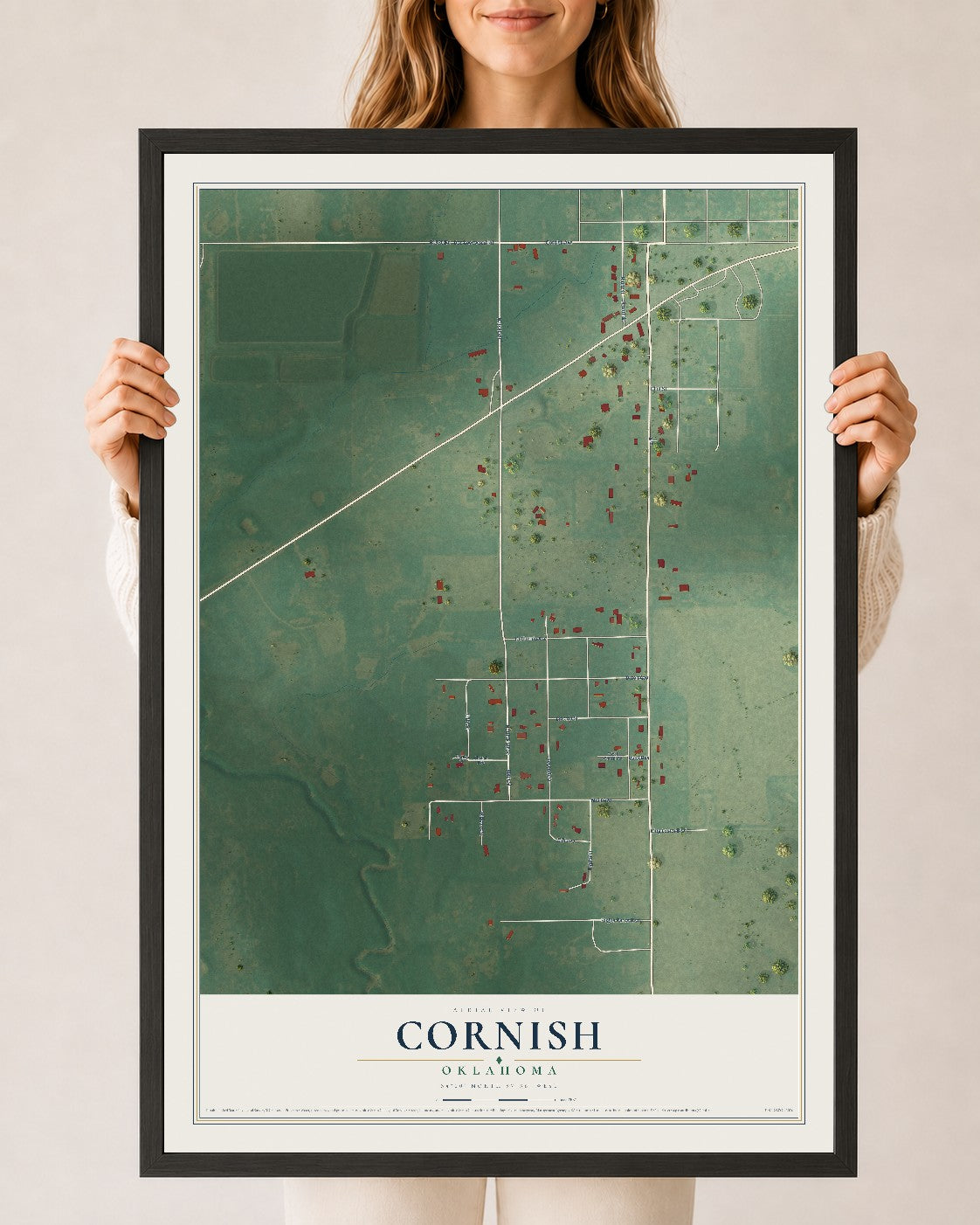 Map of Cornish, Oklahoma, 24 x 36 inch print in a black wood frame