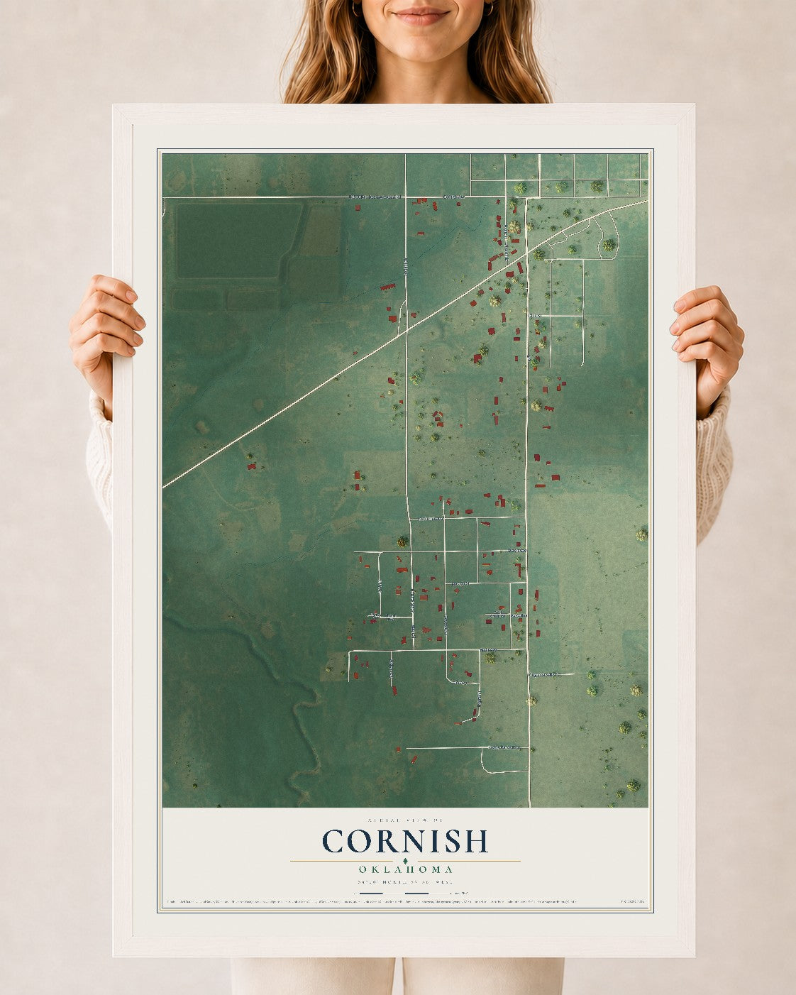Map of Cornish, Oklahoma, 24 x 36 inch print in a white wood frame