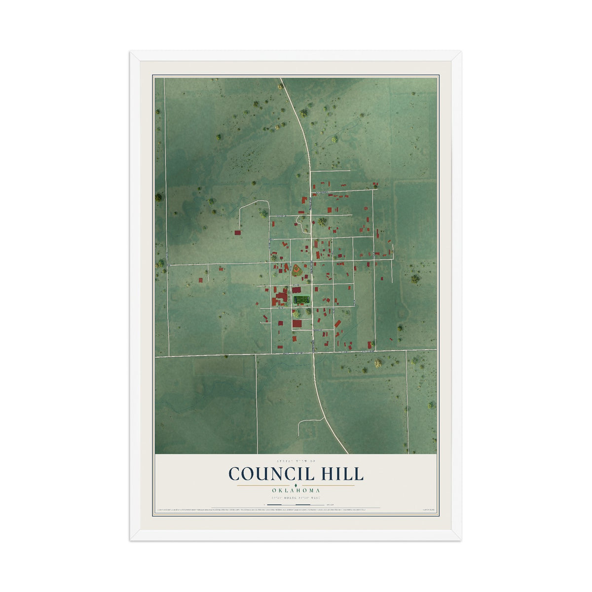 Map of Council Hill, Oklahoma, 12 x 18 inch print in a white wood frame