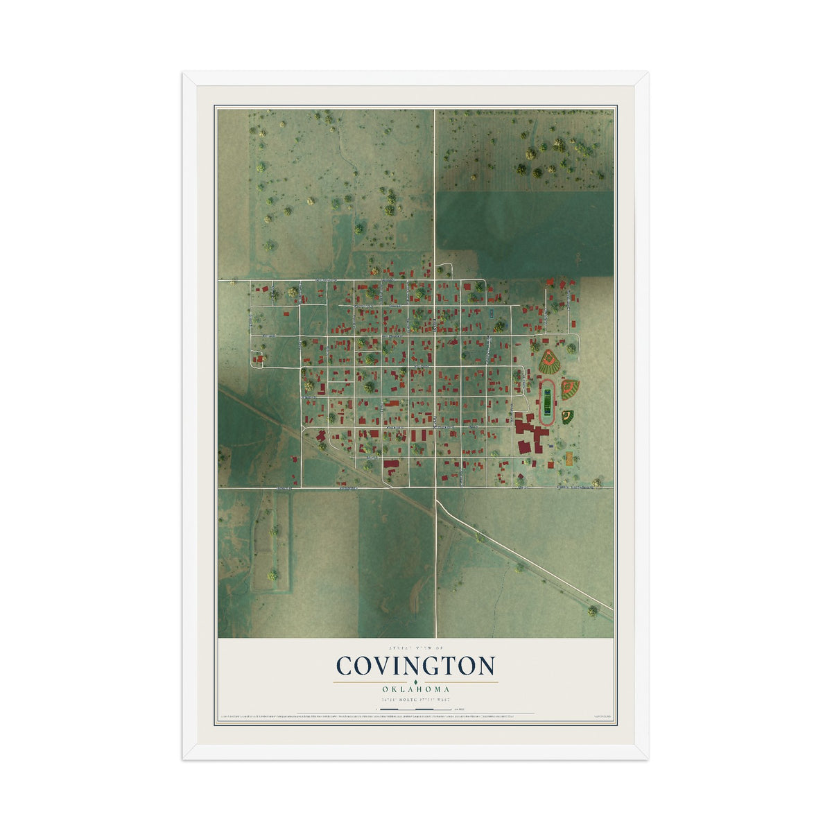 Map of Covington, Oklahoma, 12 x 18 inch print in a white wood frame
