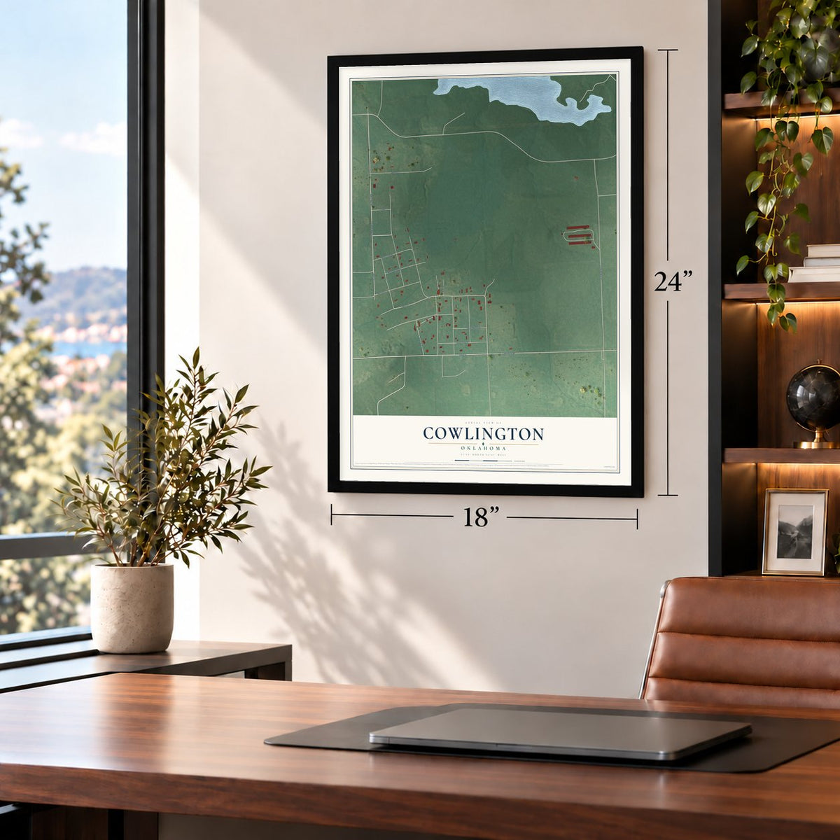 Cowlington, Oklahoma map, 18 x 24 inch print in a black frame in a home office