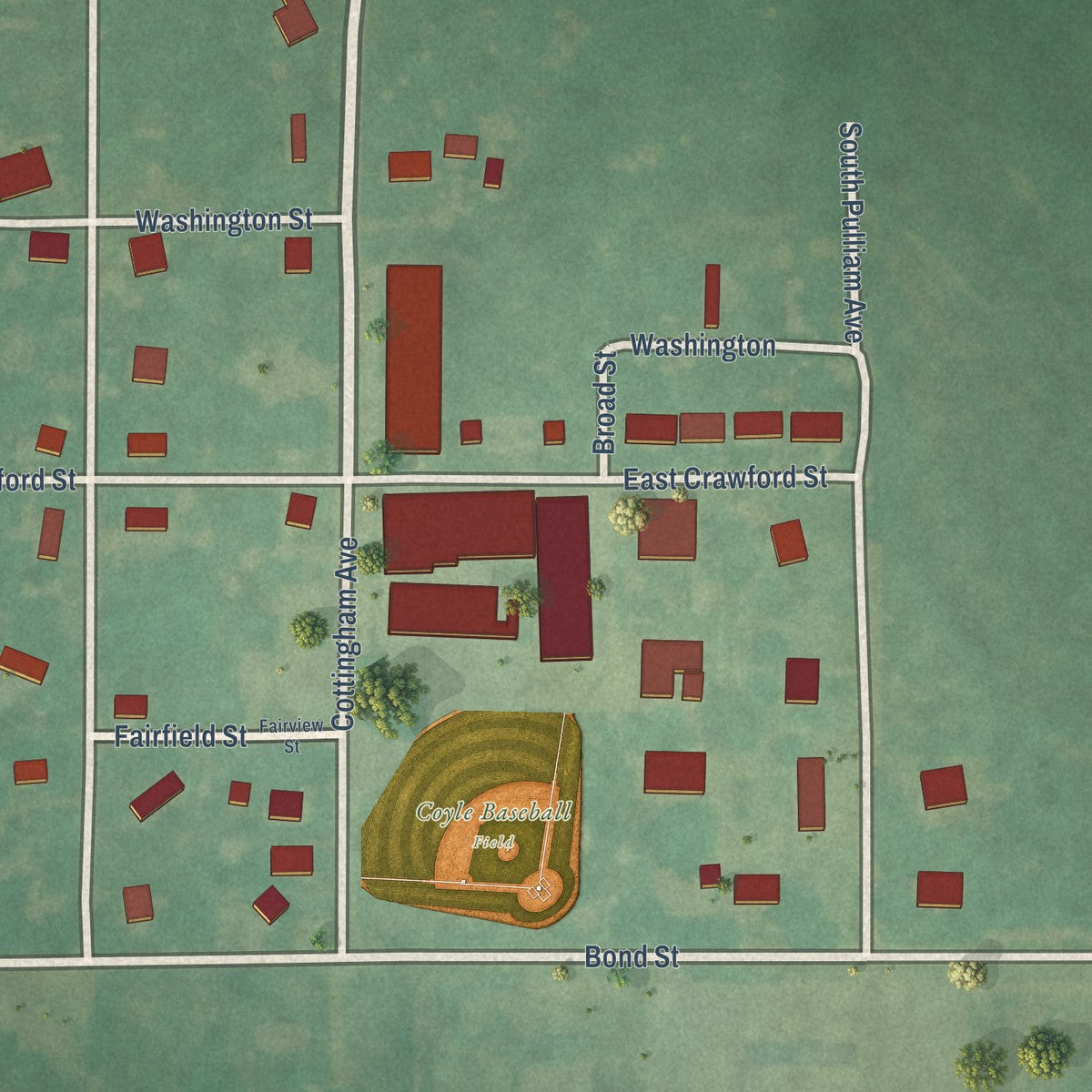 Close-up of the map of Coyle, Oklahoma print showing street and building detail