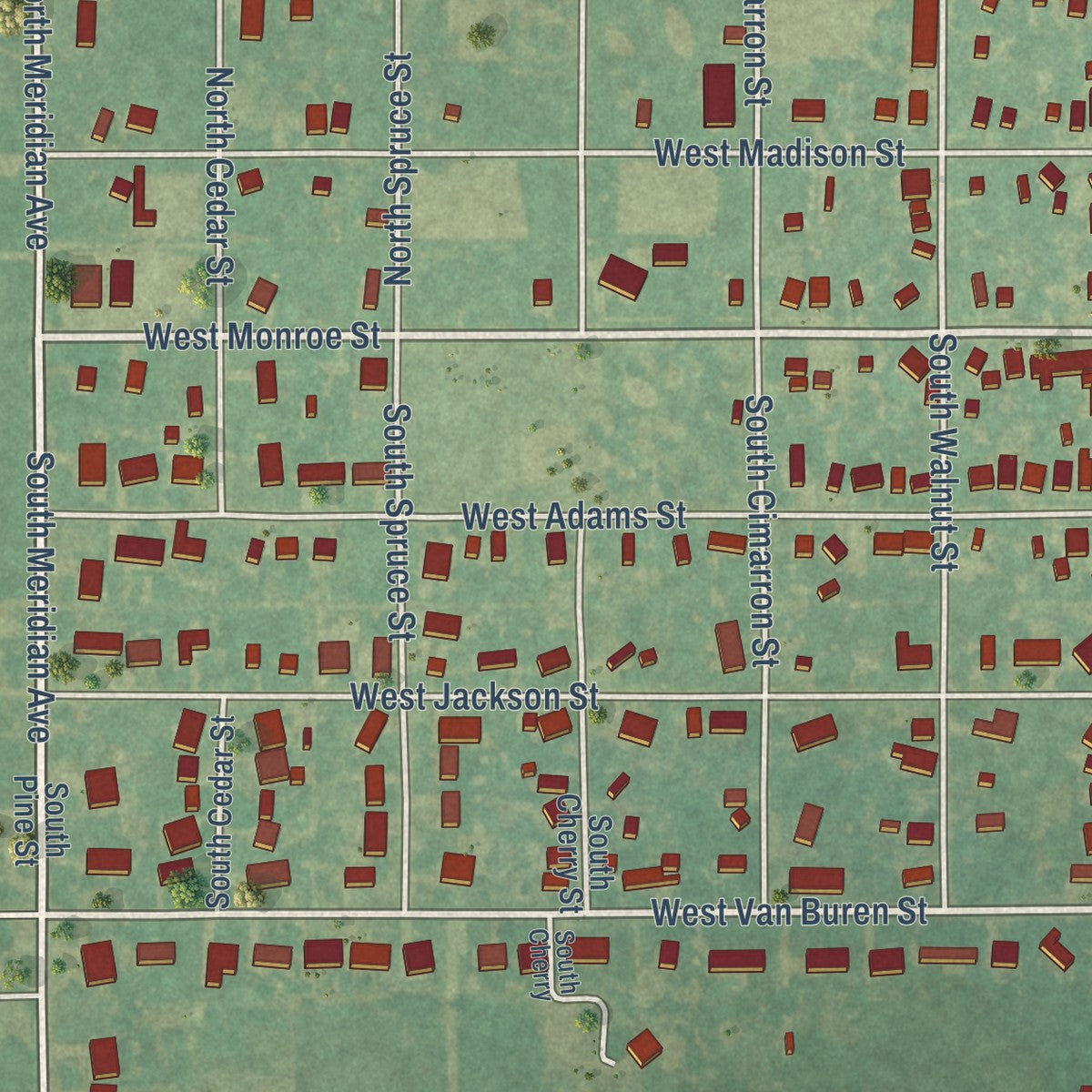 Second close-up of the map of Crescent, Oklahoma print showing more streets and buildings