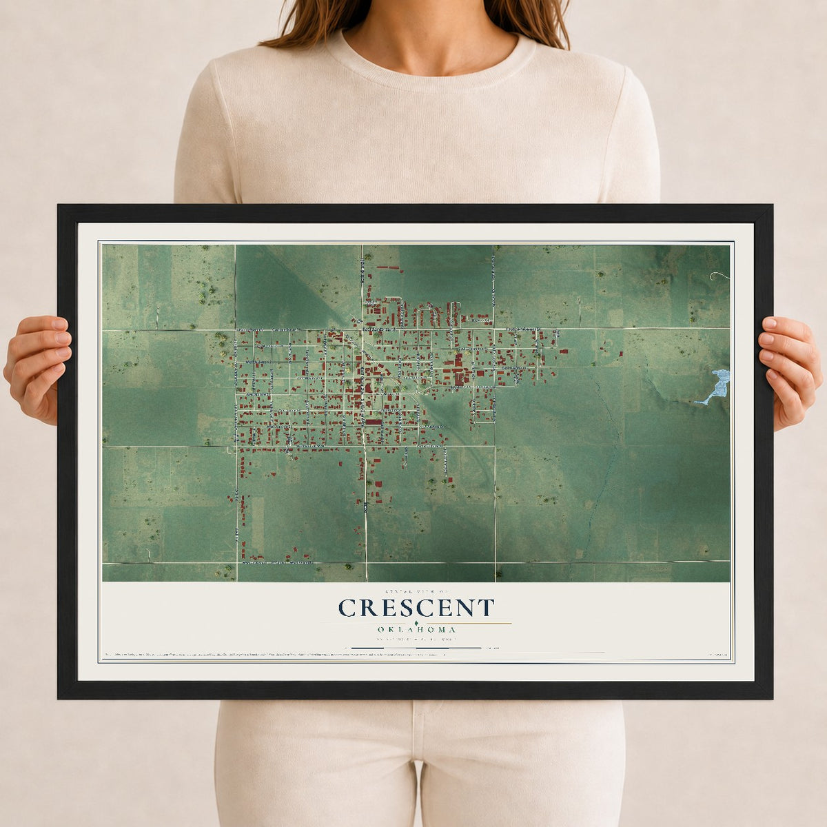 Map of Crescent, Oklahoma, 12 x 18 inch print in a black wood frame