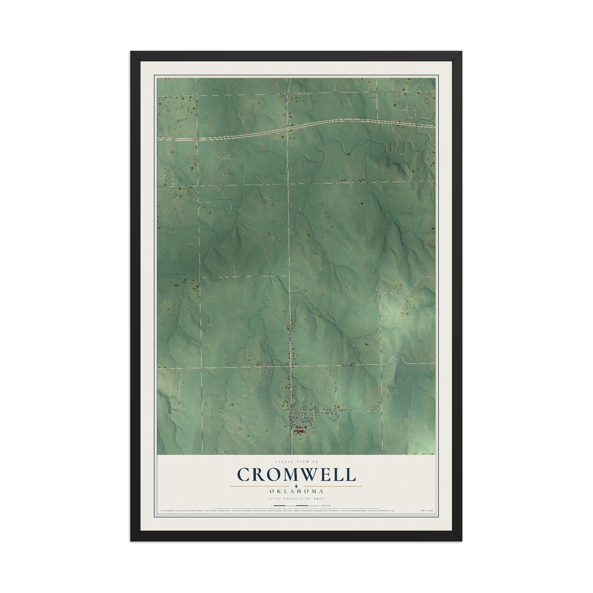 Map of Cromwell, Oklahoma, 12 x 18 inch print in a black wood frame