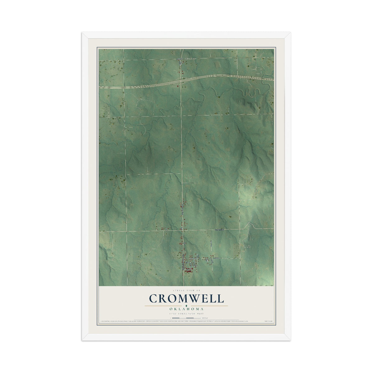 Map of Cromwell, Oklahoma, 12 x 18 inch print in a white wood frame